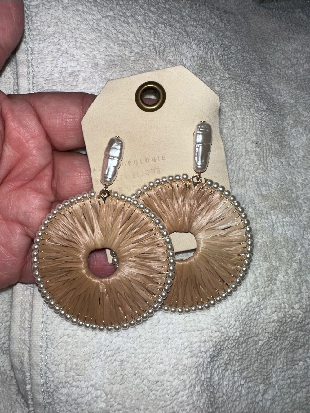 Neutral Raffia Hoop Earrings with Pearl Trim